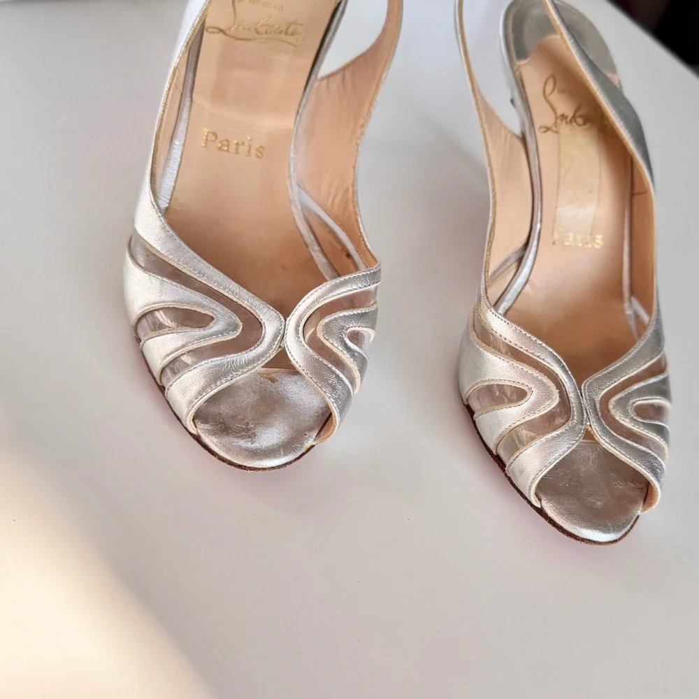 CHRISTIAN LOUBOUTIN 3” Silver Leather Slingback Sandals High Heels Women’s Shoes